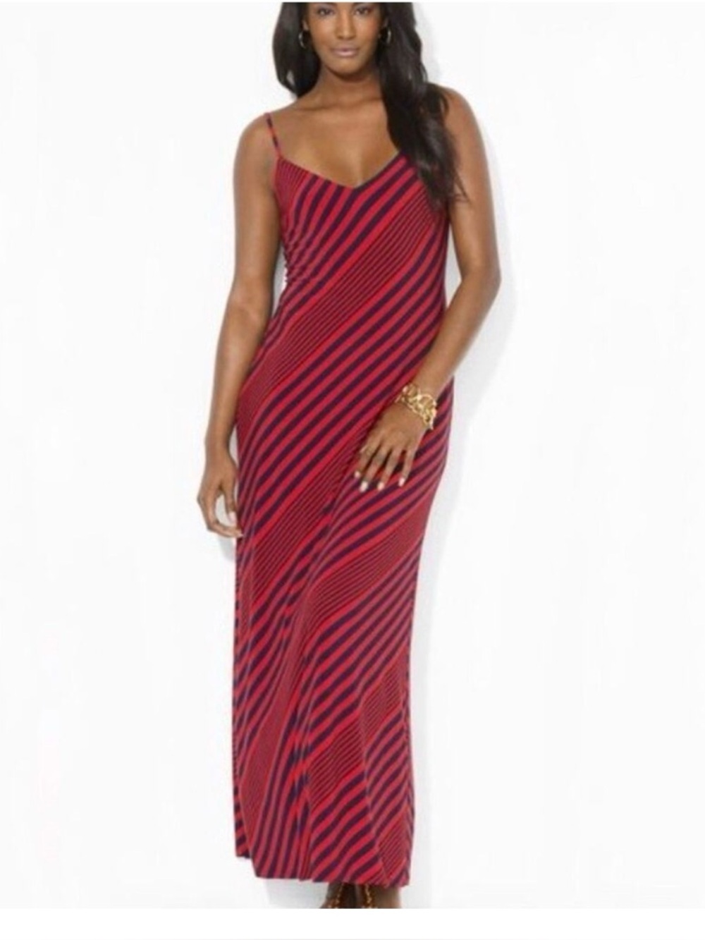 Ralph Lauren Red and Black Striped V-Neck Slip Midi Dress